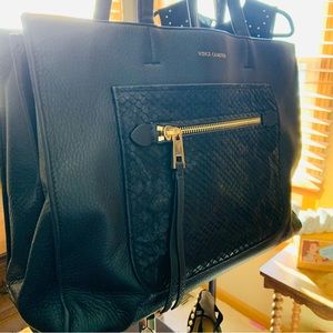 Vince Camuto  Black Leather Attaché Tote with Multiple Accessible Compartments.